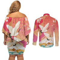 Hawaiian and Japanese Culture Together Couples Matching Off Shoulder Short Dress and Long Sleeve Button Shirt Kakau Art Tattoo with Cranes and Sakura Spring Vibe - Polynesian Pride