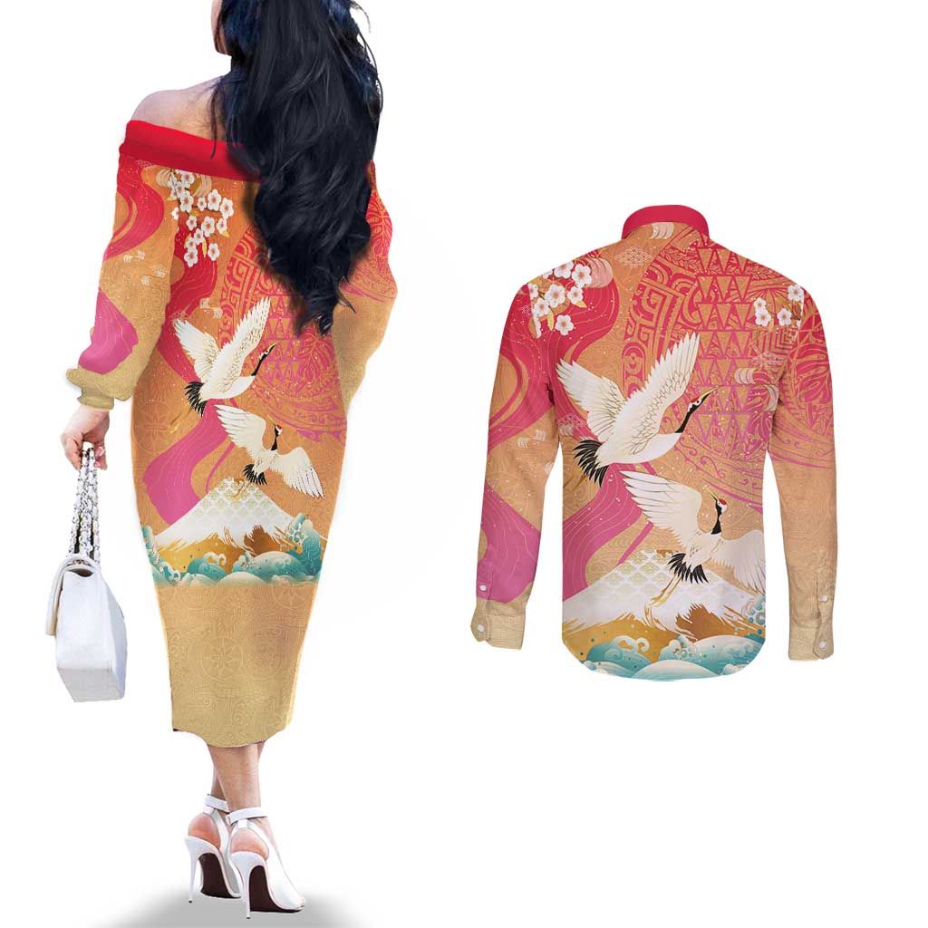 Hawaiian and Japanese Culture Together Couples Matching Off The Shoulder Long Sleeve Dress and Long Sleeve Button Shirt Kakau Art Tattoo with Cranes and Sakura Spring Vibe - Polynesian Pride