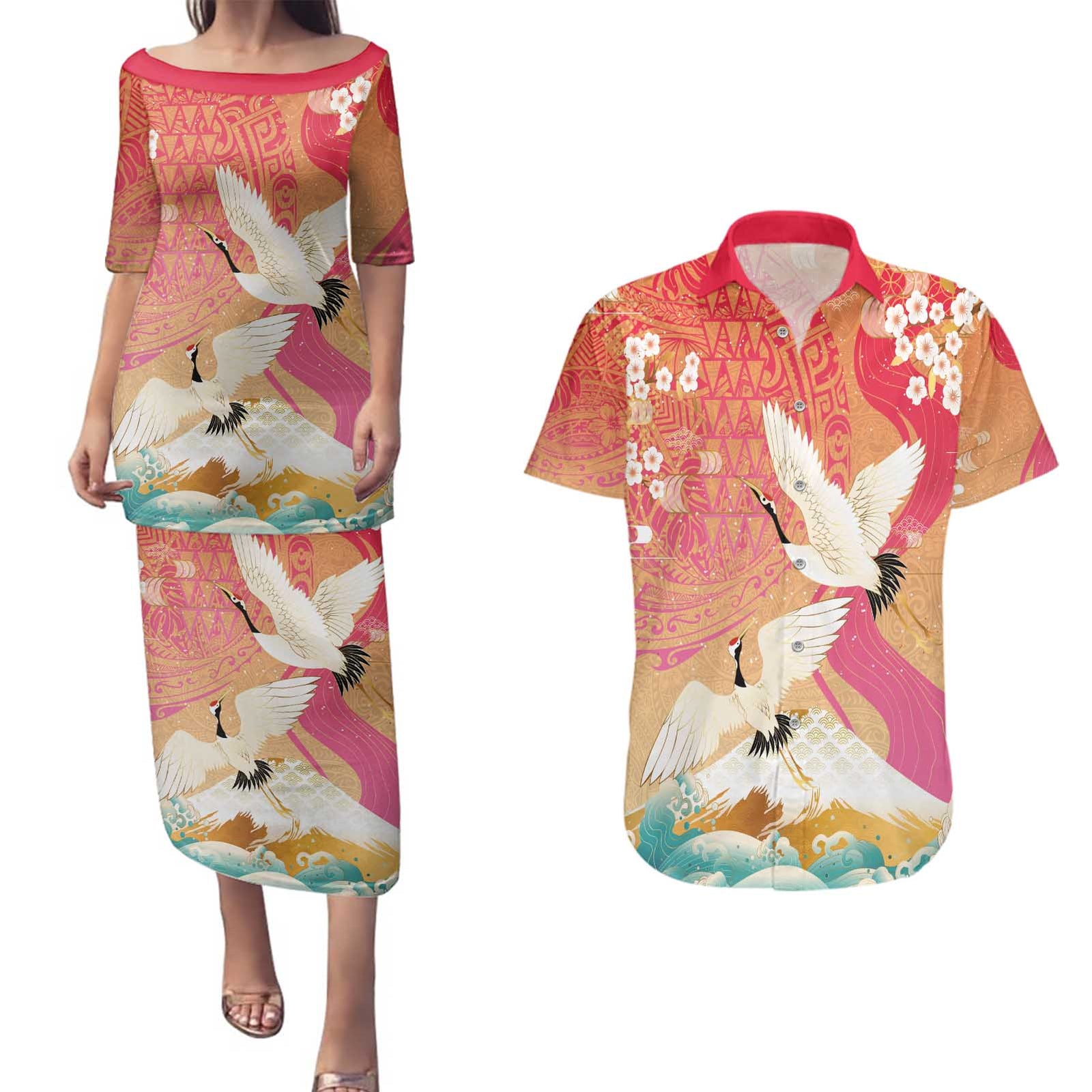 Hawaiian and Japanese Culture Together Couples Matching Puletasi and Hawaiian Shirt Kakau Art Tattoo with Cranes and Sakura Spring Vibe - Polynesian Pride