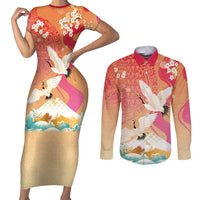Hawaiian and Japanese Culture Together Couples Matching Short Sleeve Bodycon Dress and Long Sleeve Button Shirt Kakau Art Tattoo with Cranes and Sakura Spring Vibe - Polynesian Pride