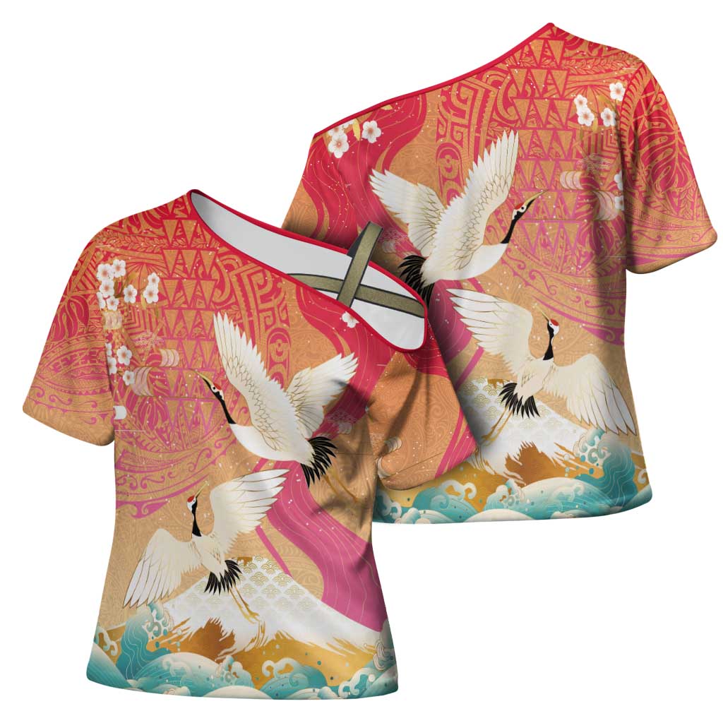 Hawaiian and Japanese Culture Together Cross Shoulder Shirt Kakau Art Tattoo with Cranes and Sakura Spring Vibe - Polynesian Pride