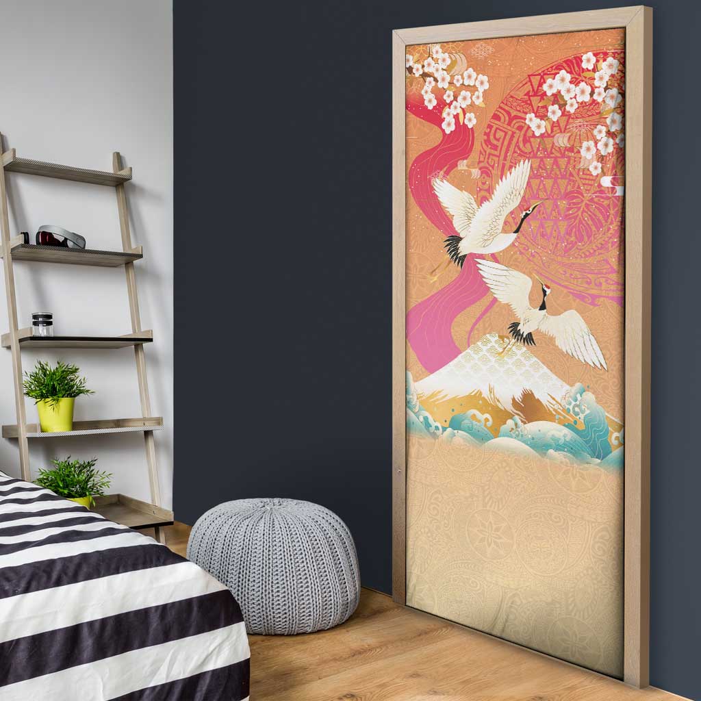 Hawaiian and Japanese Culture Together Door Cover Kakau Art Tattoo with Cranes and Sakura Spring Vibe - Polynesian Pride