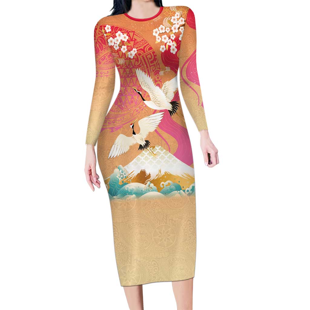 Hawaiian and Japanese Culture Together Family Matching Long Sleeve Bodycon Dress and Hawaiian Shirt Kakau Art Tattoo with Cranes and Sakura Spring Vibe - Polynesian Pride
