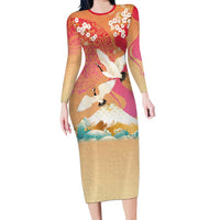 Hawaiian and Japanese Culture Together Family Matching Long Sleeve Bodycon Dress and Hawaiian Shirt Kakau Art Tattoo with Cranes and Sakura Spring Vibe - Polynesian Pride