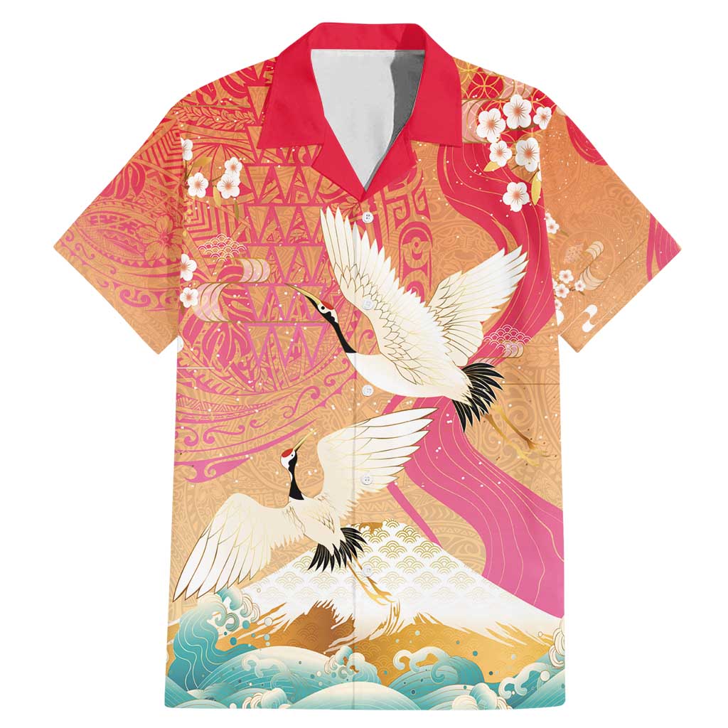 Hawaiian and Japanese Culture Together Family Matching Mermaid Dress and Hawaiian Shirt Kakau Art Tattoo with Cranes and Sakura Spring Vibe - Polynesian Pride
