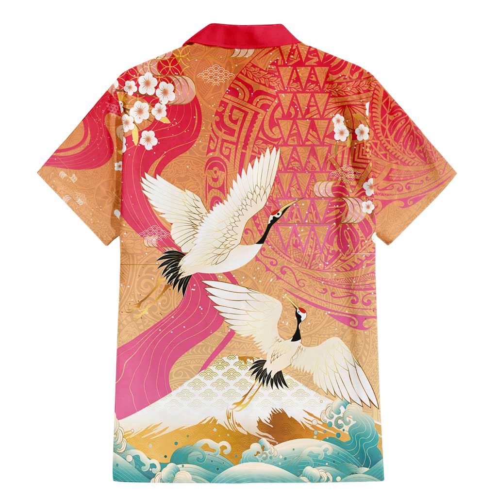 Hawaiian and Japanese Culture Together Family Matching Mermaid Dress and Hawaiian Shirt Kakau Art Tattoo with Cranes and Sakura Spring Vibe - Polynesian Pride