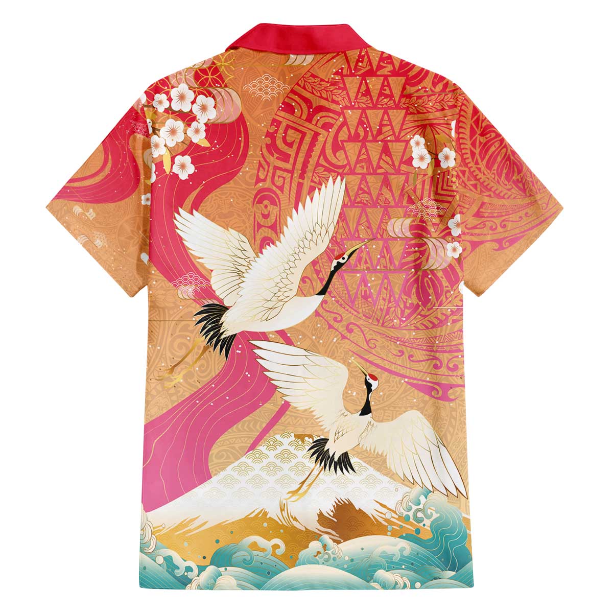 Hawaiian and Japanese Culture Together Family Matching Off The Shoulder Long Sleeve Dress and Hawaiian Shirt Kakau Art Tattoo with Cranes and Sakura Spring Vibe - Polynesian Pride