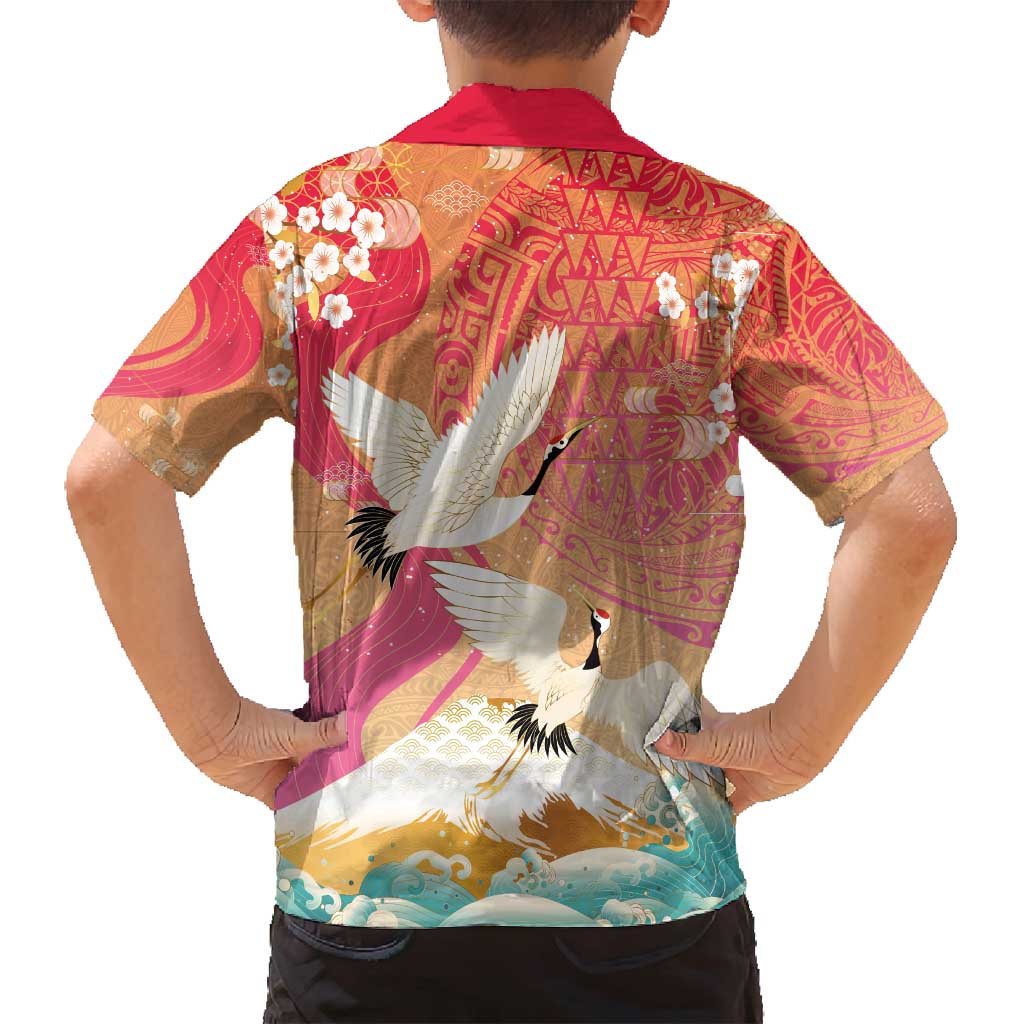 Hawaiian and Japanese Culture Together Family Matching Off Shoulder Short Dress and Hawaiian Shirt Kakau Art Tattoo with Cranes and Sakura Spring Vibe - Polynesian Pride