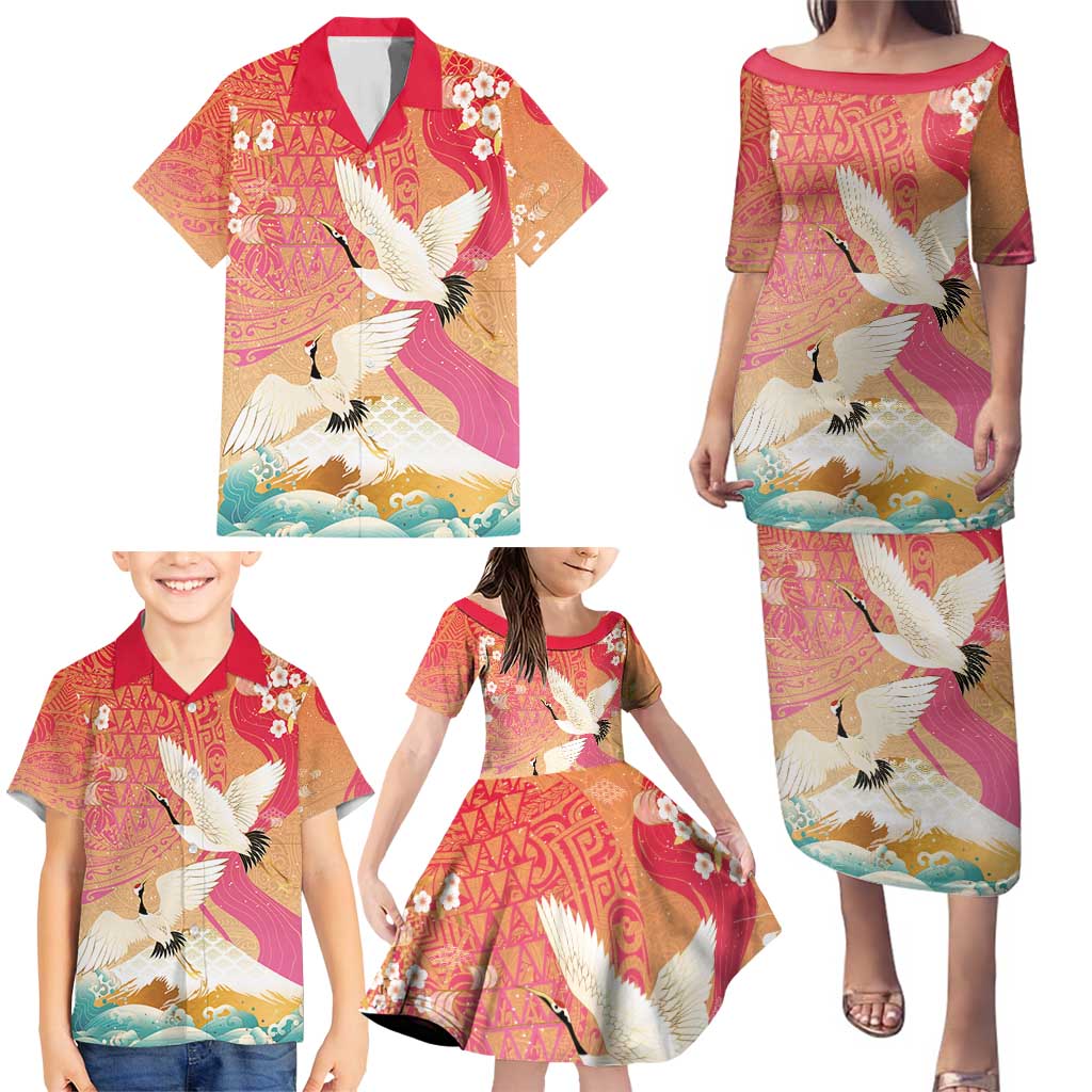 Hawaiian and Japanese Culture Together Family Matching Puletasi and Hawaiian Shirt Kakau Art Tattoo with Cranes and Sakura Spring Vibe - Polynesian Pride