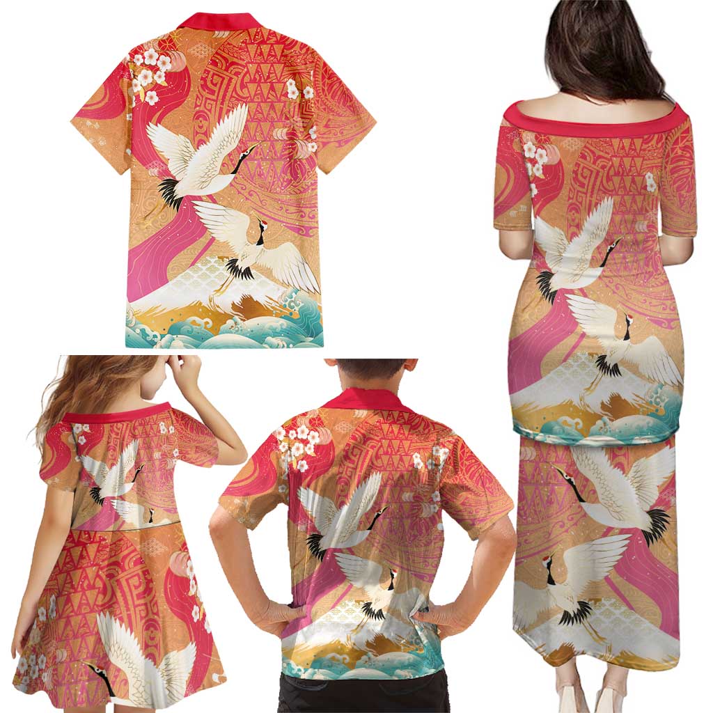 Hawaiian and Japanese Culture Together Family Matching Puletasi and Hawaiian Shirt Kakau Art Tattoo with Cranes and Sakura Spring Vibe - Polynesian Pride