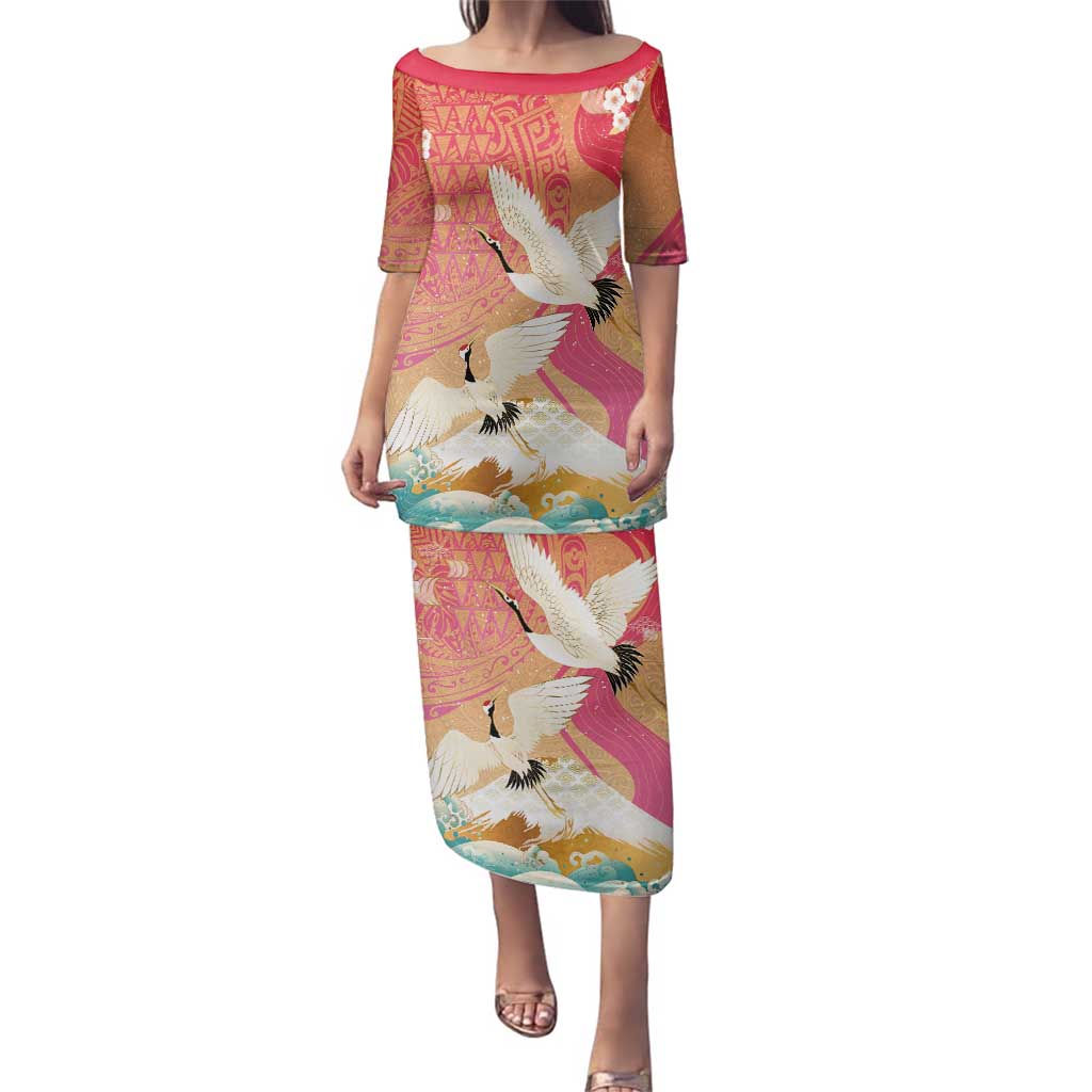 Hawaiian and Japanese Culture Together Family Matching Puletasi and Hawaiian Shirt Kakau Art Tattoo with Cranes and Sakura Spring Vibe - Polynesian Pride