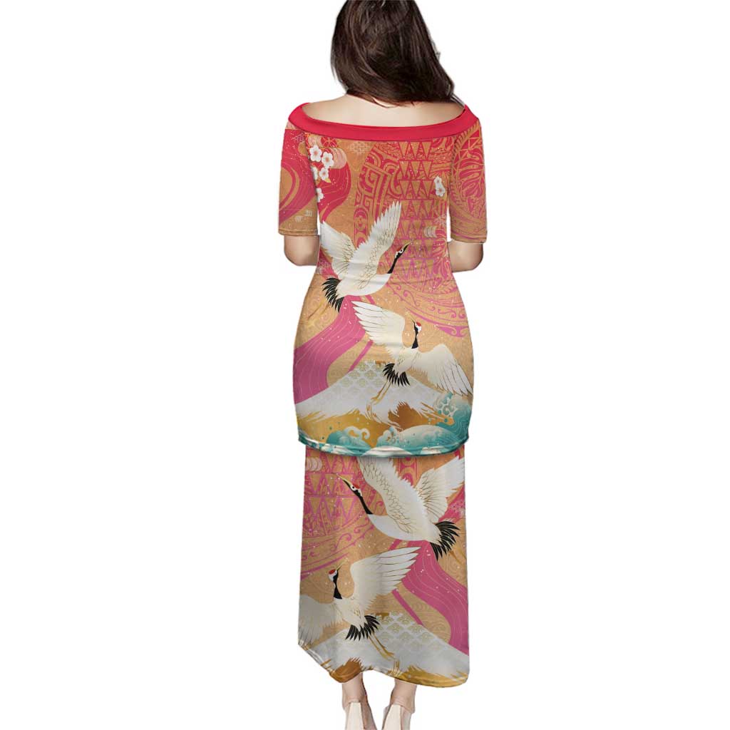 Hawaiian and Japanese Culture Together Family Matching Puletasi and Hawaiian Shirt Kakau Art Tattoo with Cranes and Sakura Spring Vibe - Polynesian Pride