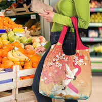 Hawaiian and Japanese Culture Together Grocery Bag Kakau Art Tattoo with Cranes and Sakura Spring Vibe - Polynesian Pride