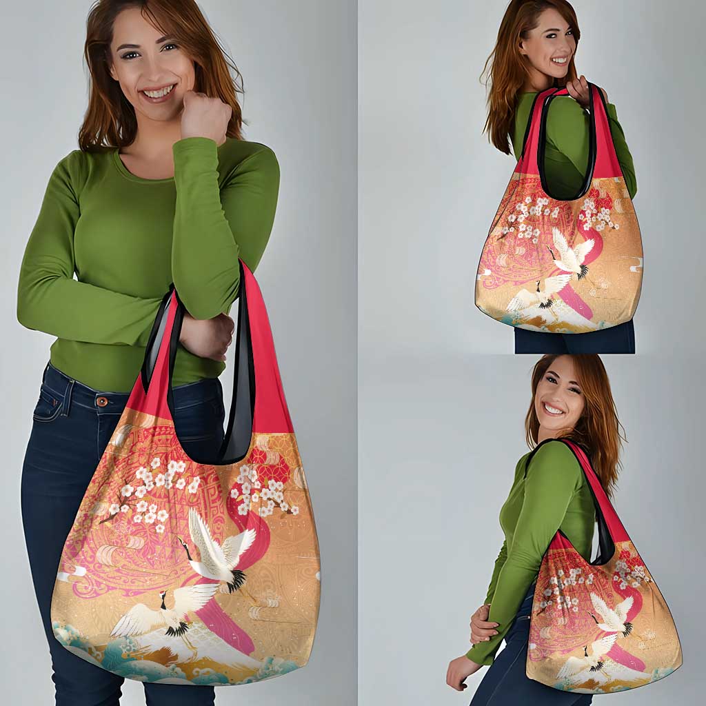 Hawaiian and Japanese Culture Together Grocery Bag Kakau Art Tattoo with Cranes and Sakura Spring Vibe - Polynesian Pride