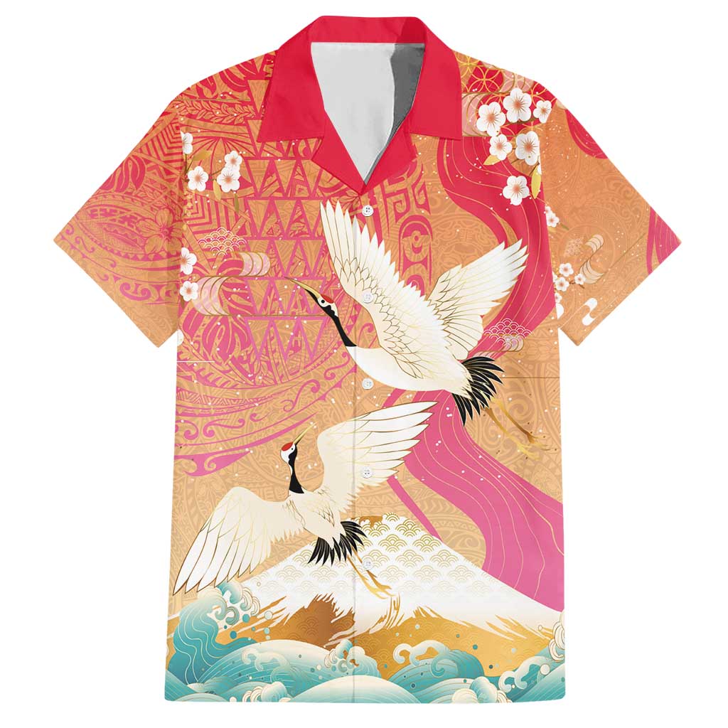 Hawaiian and Japanese Culture Together Hawaiian Shirt Kakau Art Tattoo with Cranes and Sakura Spring Vibe - Polynesian Pride
