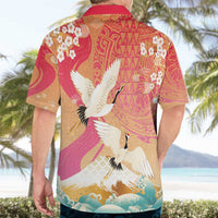 Hawaiian and Japanese Culture Together Hawaiian Shirt Kakau Art Tattoo with Cranes and Sakura Spring Vibe - Polynesian Pride