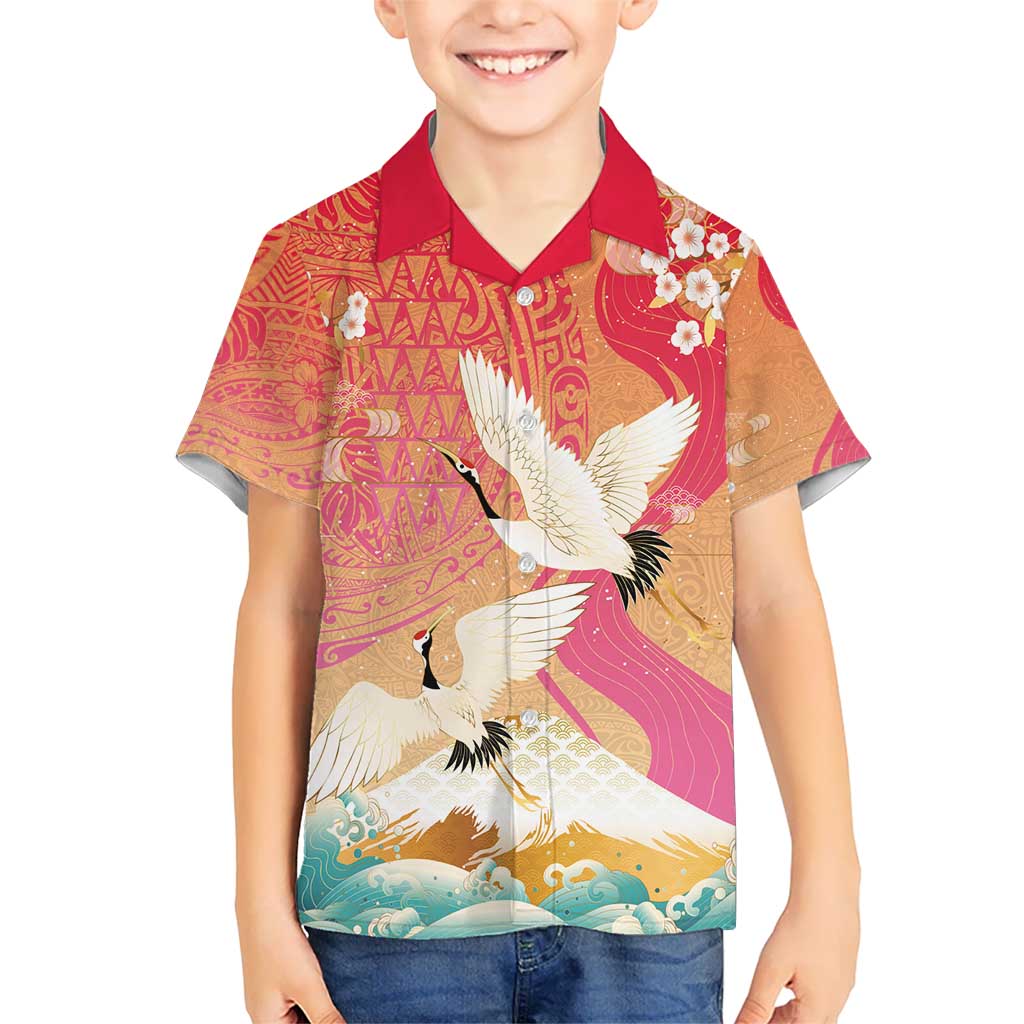 Hawaiian and Japanese Culture Together Hawaiian Shirt Kakau Art Tattoo with Cranes and Sakura Spring Vibe - Polynesian Pride