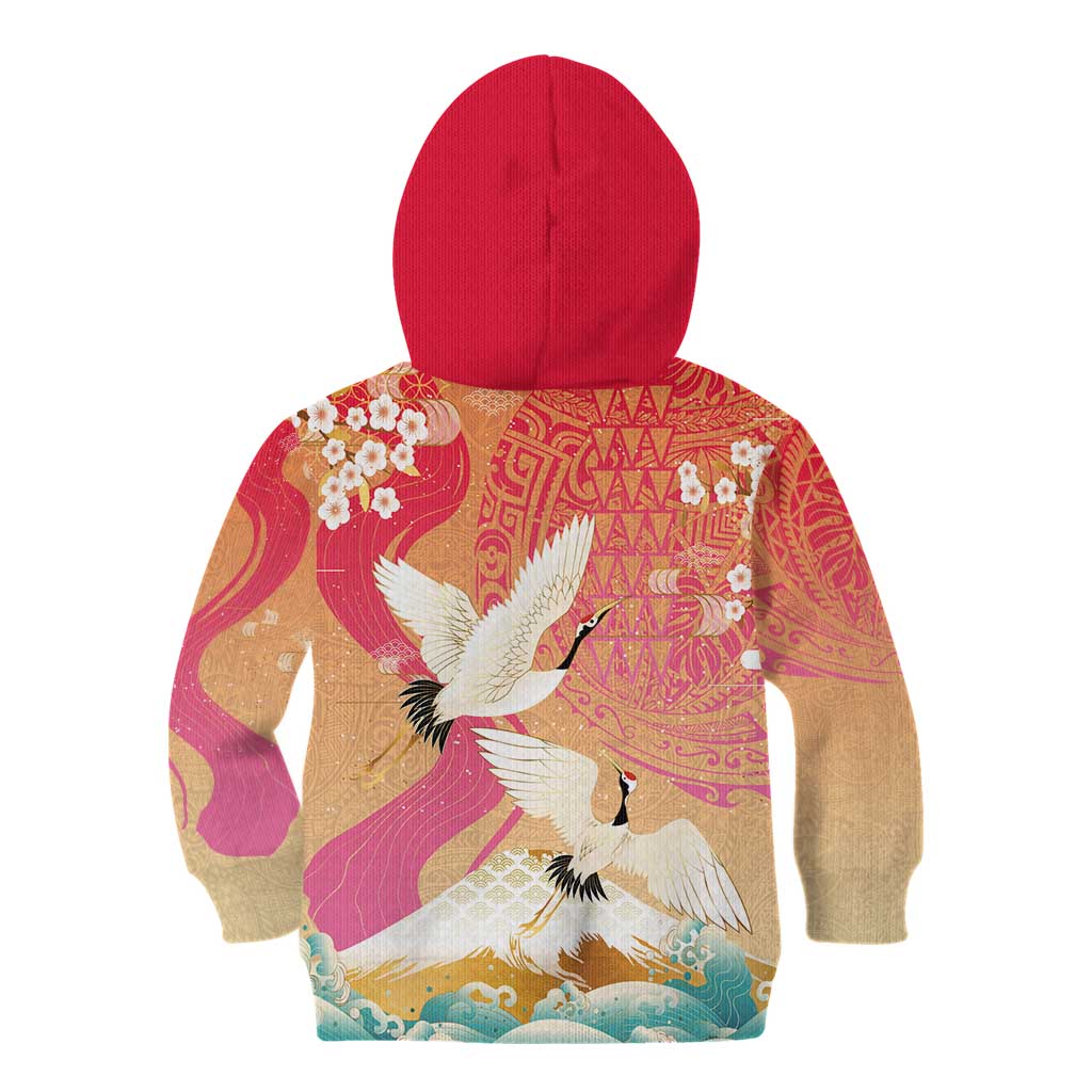 Hawaiian and Japanese Culture Together Kid Hoodie Kakau Art Tattoo with Cranes and Sakura Spring Vibe - Polynesian Pride