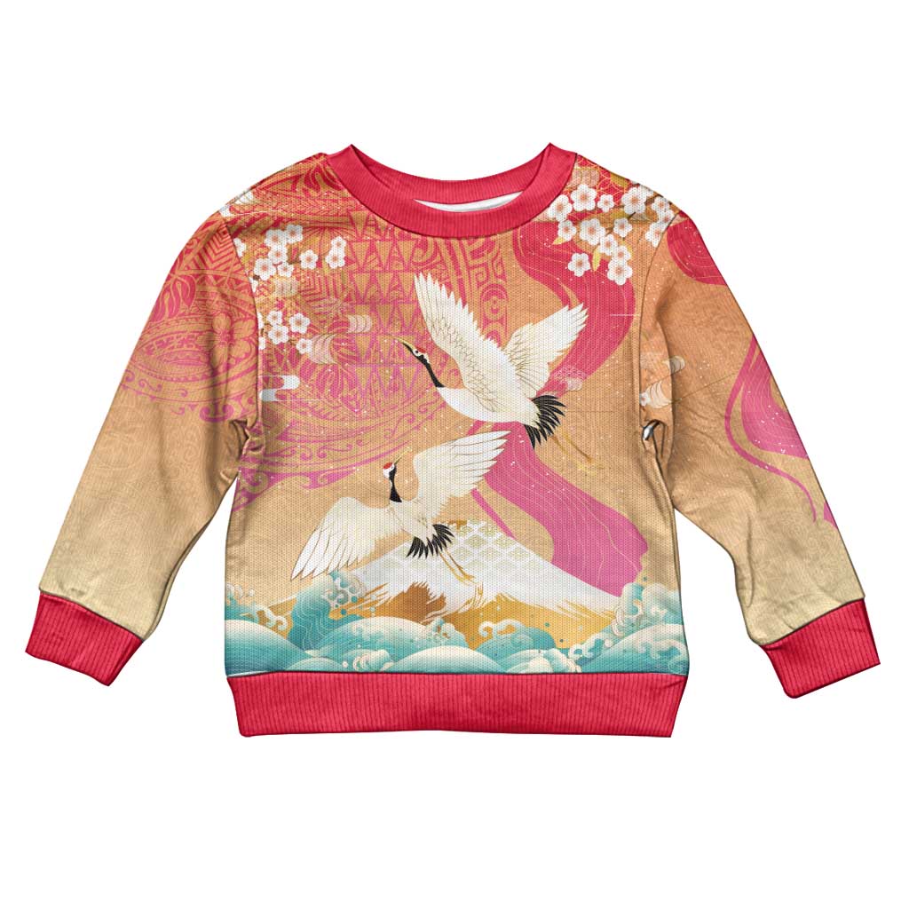 Hawaiian and Japanese Culture Together Kid Ugly Christmas Sweater Kakau Art Tattoo with Cranes and Sakura Spring Vibe - Polynesian Pride