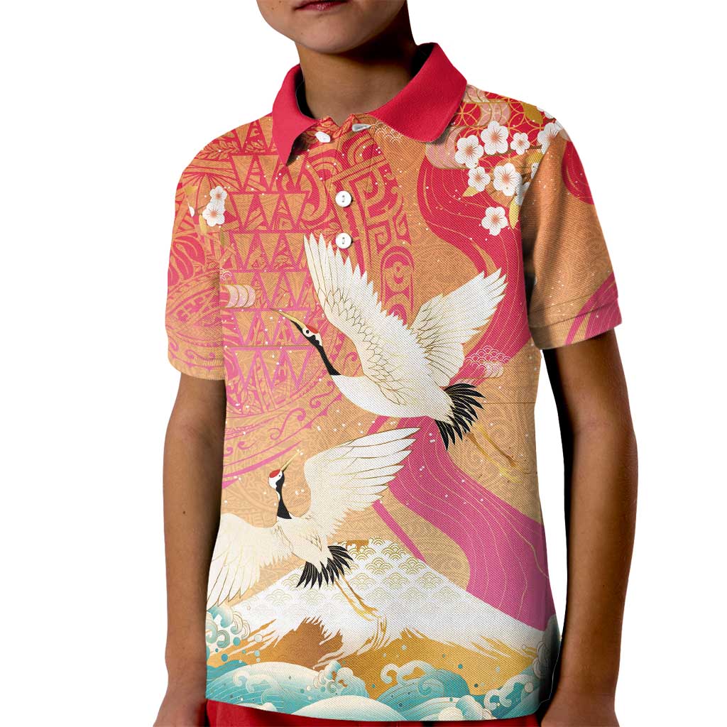 Hawaiian and Japanese Culture Together Kid Polo Shirt Kakau Art Tattoo with Cranes and Sakura Spring Vibe - Polynesian Pride