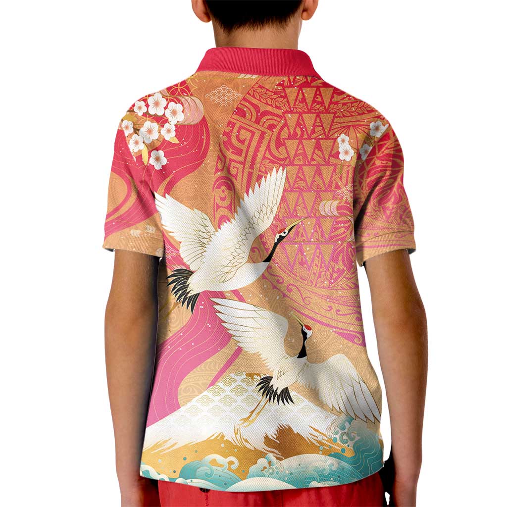 Hawaiian and Japanese Culture Together Kid Polo Shirt Kakau Art Tattoo with Cranes and Sakura Spring Vibe - Polynesian Pride