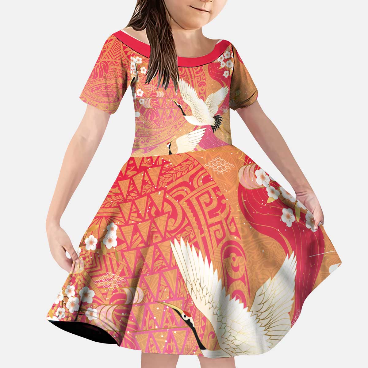 Hawaiian and Japanese Culture Together Kid Short Sleeve Dress Kakau Art Tattoo with Cranes and Sakura Spring Vibe - Polynesian Pride