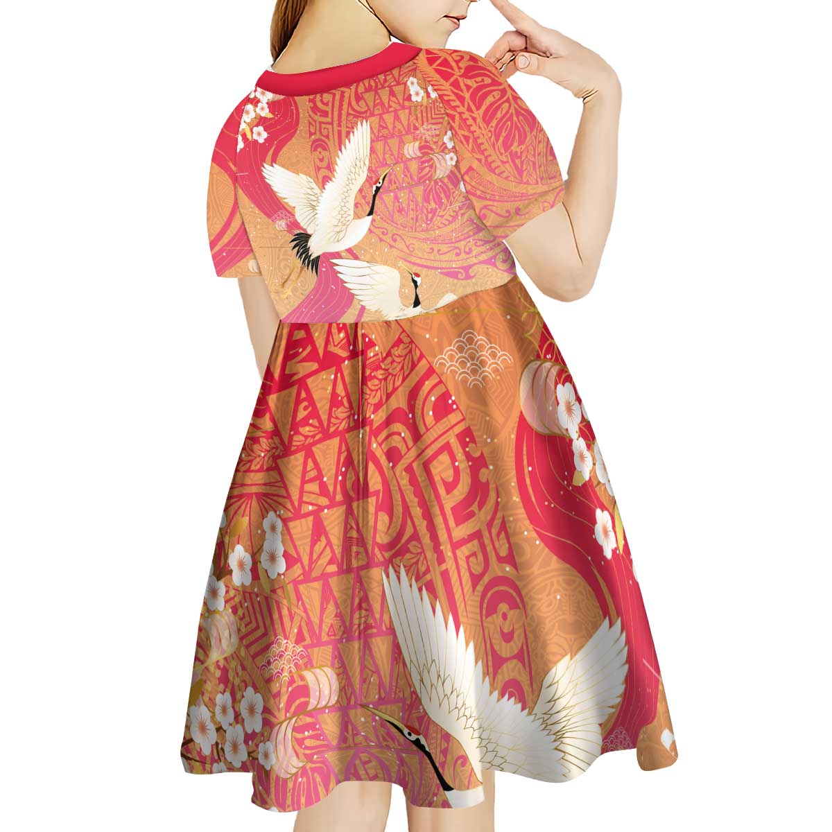 Hawaiian and Japanese Culture Together Kid Short Sleeve Dress Kakau Art Tattoo with Cranes and Sakura Spring Vibe - Polynesian Pride