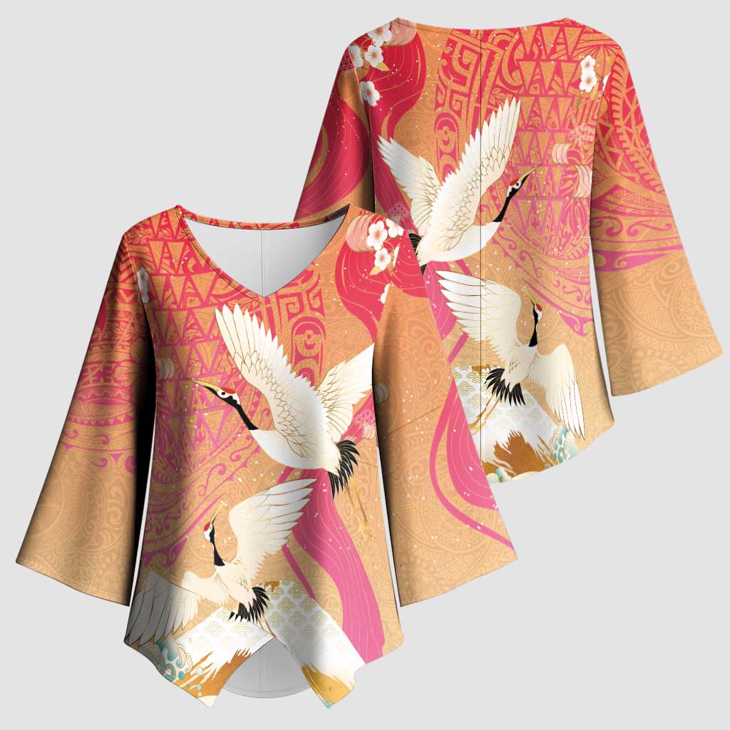 Hawaiian and Japanese Culture Together Kimono Sleeve Blouse Kakau Art Tattoo with Cranes and Sakura Spring Vibe - Polynesian Pride