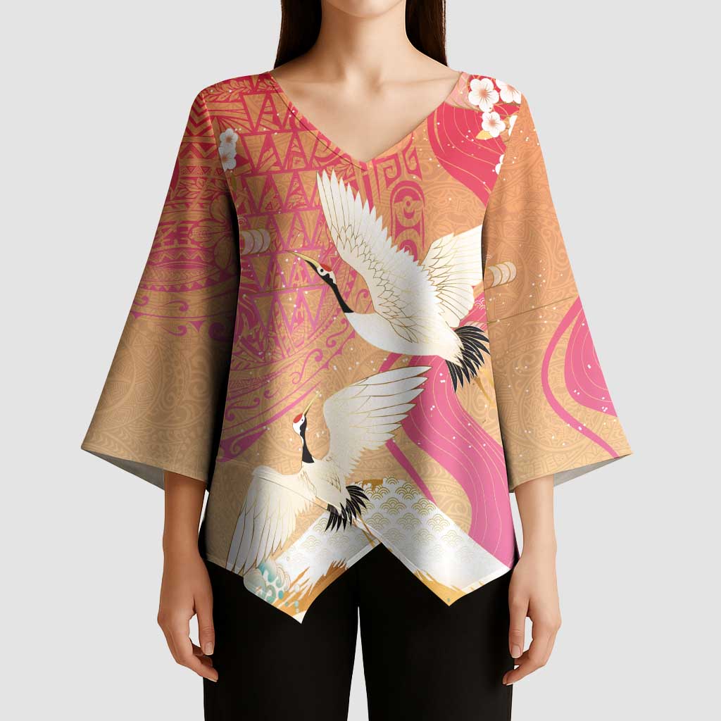Hawaiian and Japanese Culture Together Kimono Sleeve Blouse Kakau Art Tattoo with Cranes and Sakura Spring Vibe - Polynesian Pride