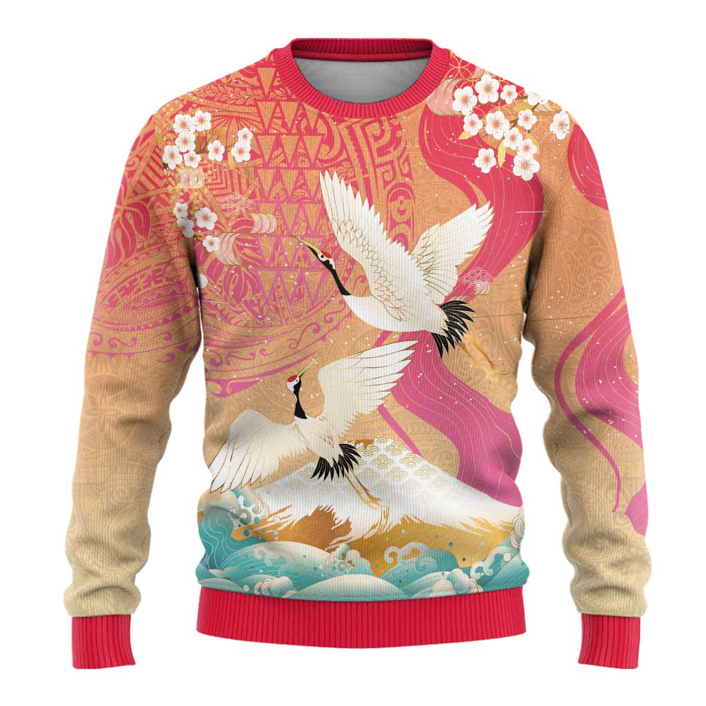 Hawaiian and Japanese Culture Together Ugly Christmas Sweater Kakau Art Tattoo with Cranes and Sakura Spring Vibe - Polynesian Pride