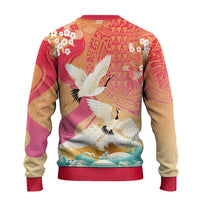 Hawaiian and Japanese Culture Together Ugly Christmas Sweater Kakau Art Tattoo with Cranes and Sakura Spring Vibe - Polynesian Pride