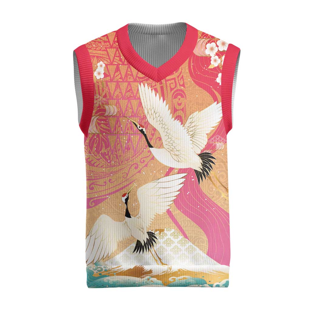 Hawaiian and Japanese Culture Together Christmas Knitted V-Neck Vest Kakau Art Tattoo with Cranes and Sakura Spring Vibe - Polynesian Pride