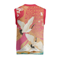 Hawaiian and Japanese Culture Together Christmas Knitted V-Neck Vest Kakau Art Tattoo with Cranes and Sakura Spring Vibe - Polynesian Pride