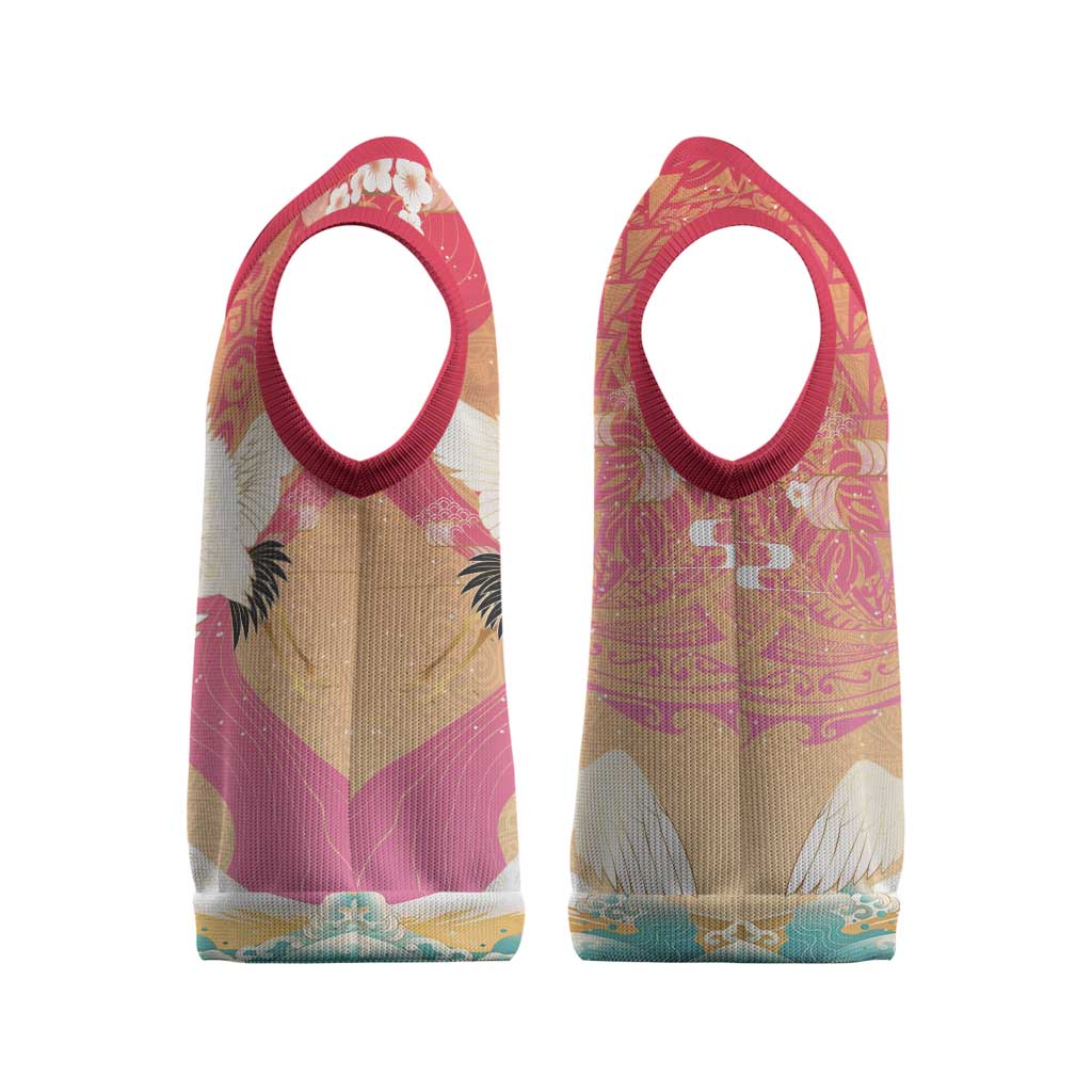 Hawaiian and Japanese Culture Together Christmas Knitted V-Neck Vest Kakau Art Tattoo with Cranes and Sakura Spring Vibe - Polynesian Pride