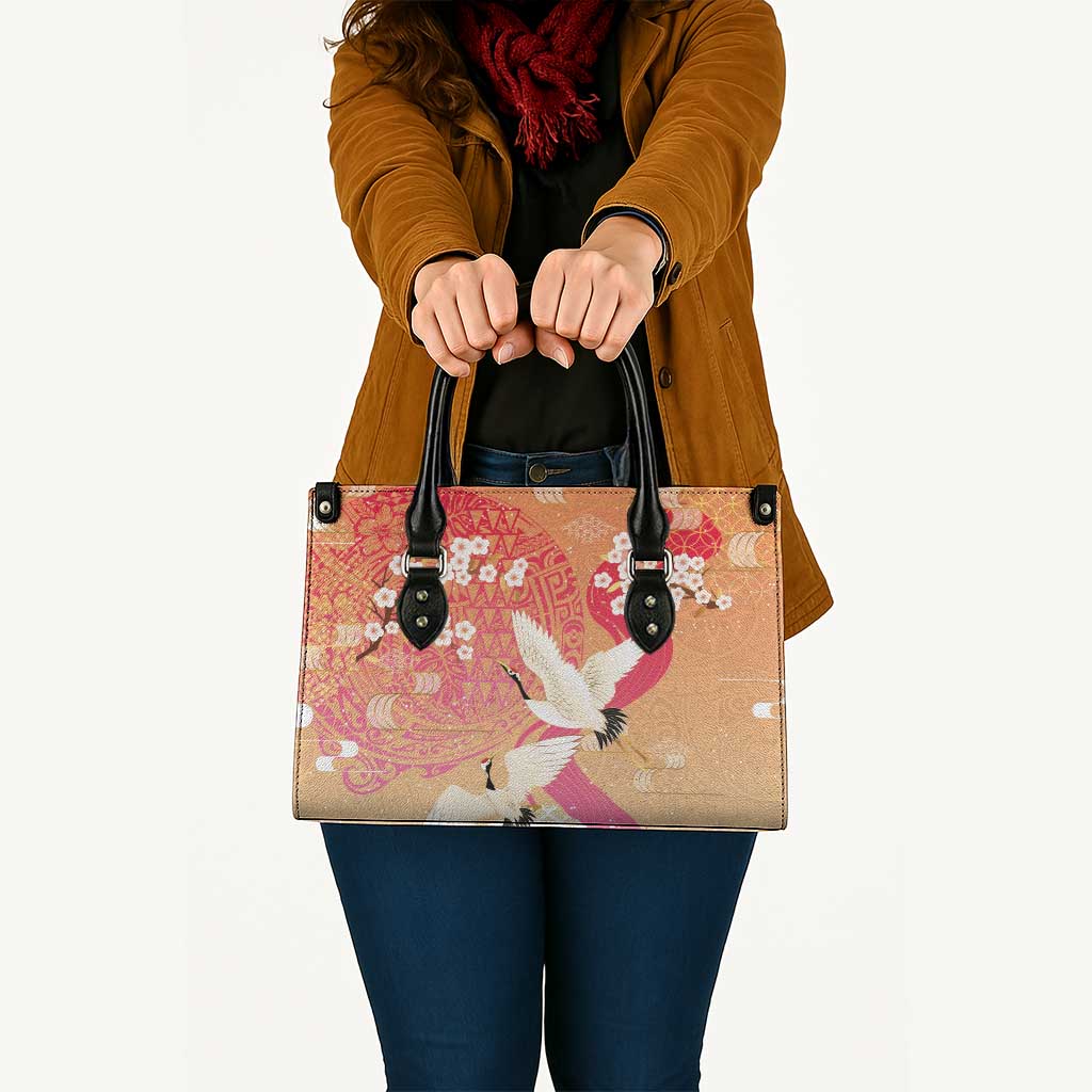 Hawaiian and Japanese Culture Together Leather Bag Kakau Art Tattoo with Cranes and Sakura Spring Vibe - Polynesian Pride