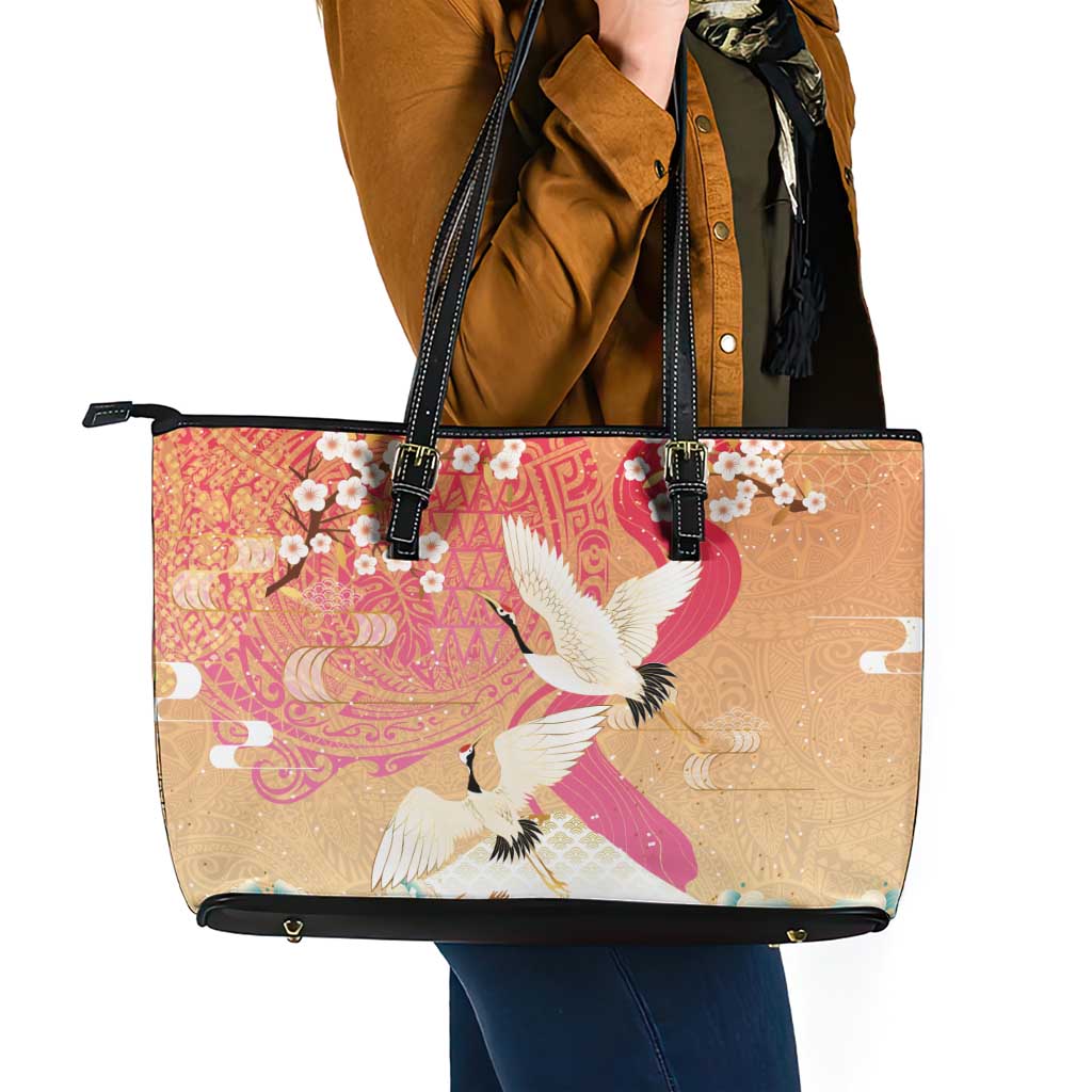 Hawaiian and Japanese Culture Together Leather Tote Bag Kakau Art Tattoo with Cranes and Sakura Spring Vibe - Polynesian Pride