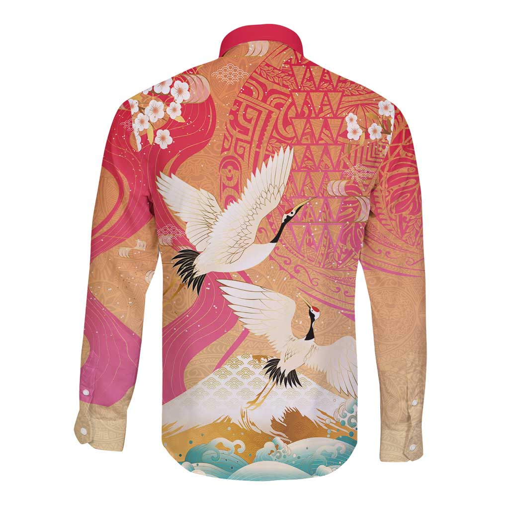 Hawaiian and Japanese Culture Together Long Sleeve Button Shirt Kakau Art Tattoo with Cranes and Sakura Spring Vibe - Polynesian Pride