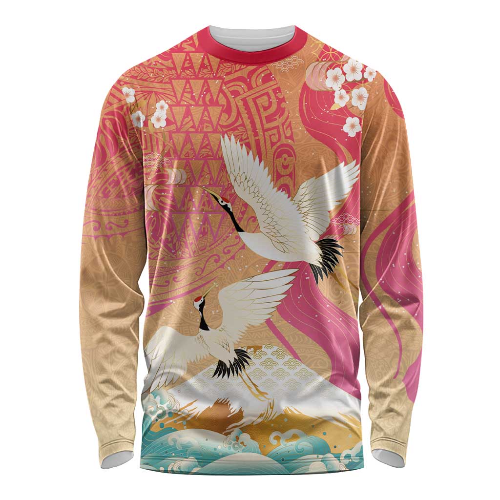 Hawaiian and Japanese Culture Together Long Sleeve Shirt Kakau Art Tattoo with Cranes and Sakura Spring Vibe - Polynesian Pride