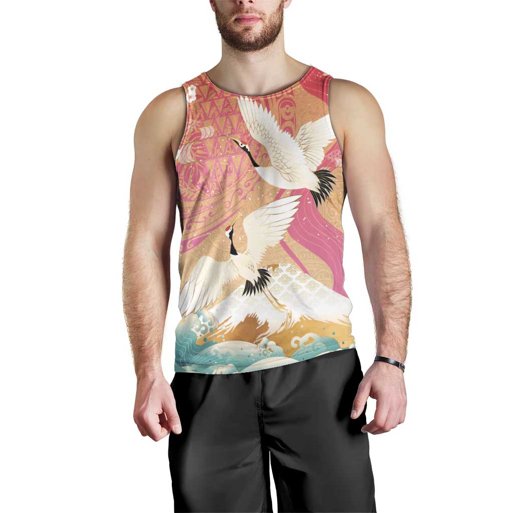 Hawaiian and Japanese Culture Together Men Tank Top Kakau Art Tattoo with Cranes and Sakura Spring Vibe - Polynesian Pride