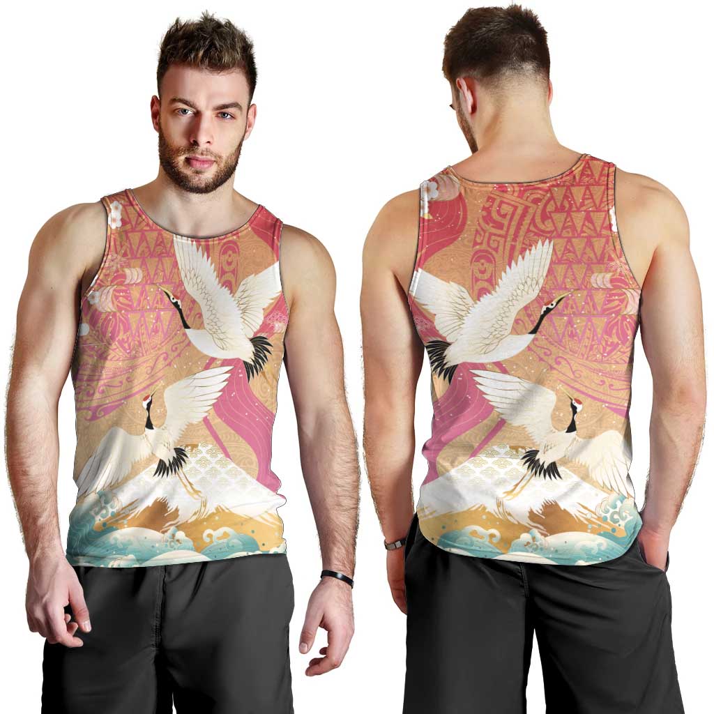 Hawaiian and Japanese Culture Together Men Tank Top Kakau Art Tattoo with Cranes and Sakura Spring Vibe - Polynesian Pride