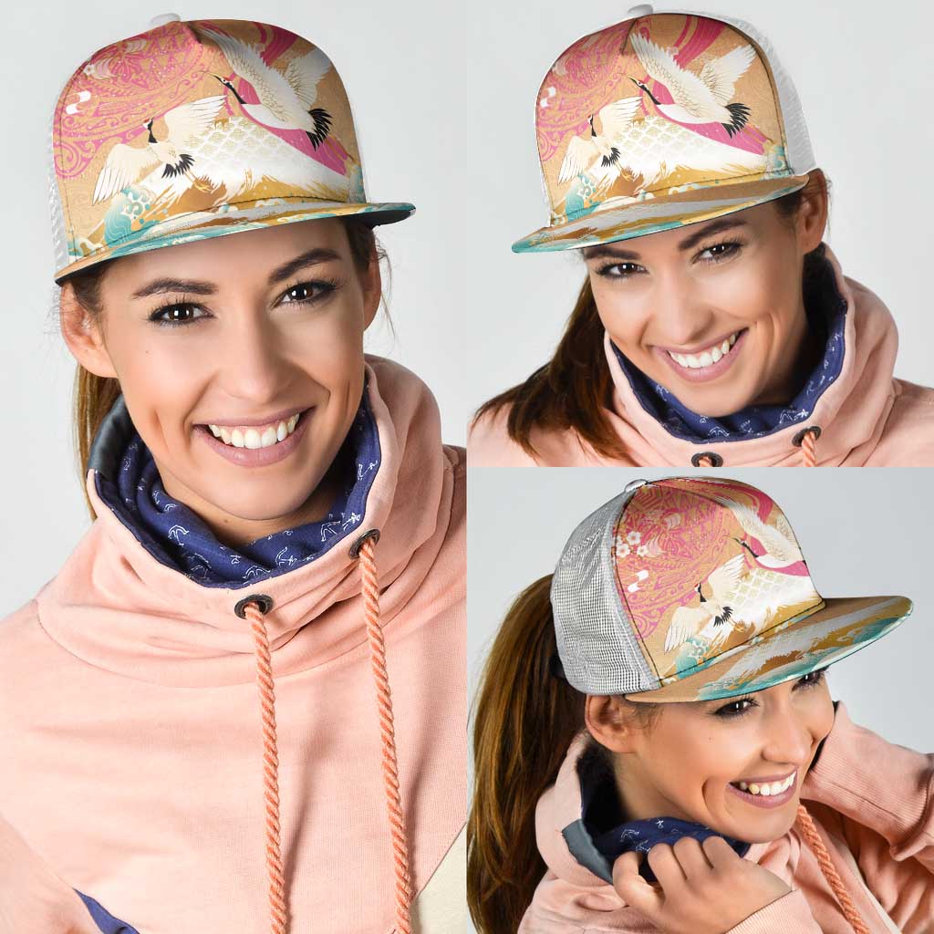 Hawaiian and Japanese Culture Together Mesh Trucker Cap Kakau Art Tattoo with Cranes and Sakura Spring Vibe - Polynesian Pride