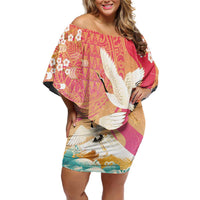 Hawaiian and Japanese Culture Together Off Shoulder Short Dress Kakau Art Tattoo with Cranes and Sakura Spring Vibe - Polynesian Pride