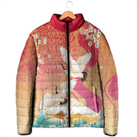 Hawaiian and Japanese Culture Together Padded Jacket Kakau Art Tattoo with Cranes and Sakura Spring Vibe - Polynesian Pride