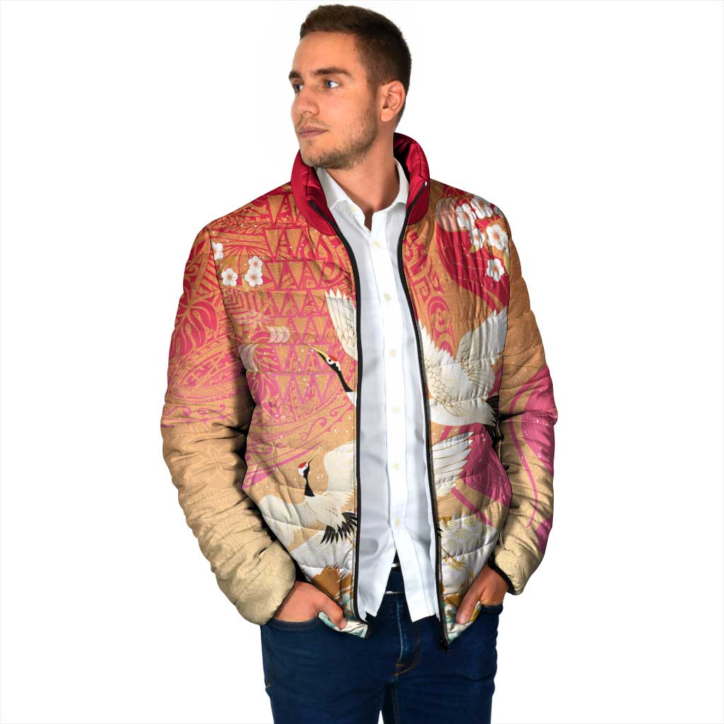 Hawaiian and Japanese Culture Together Padded Jacket Kakau Art Tattoo with Cranes and Sakura Spring Vibe - Polynesian Pride