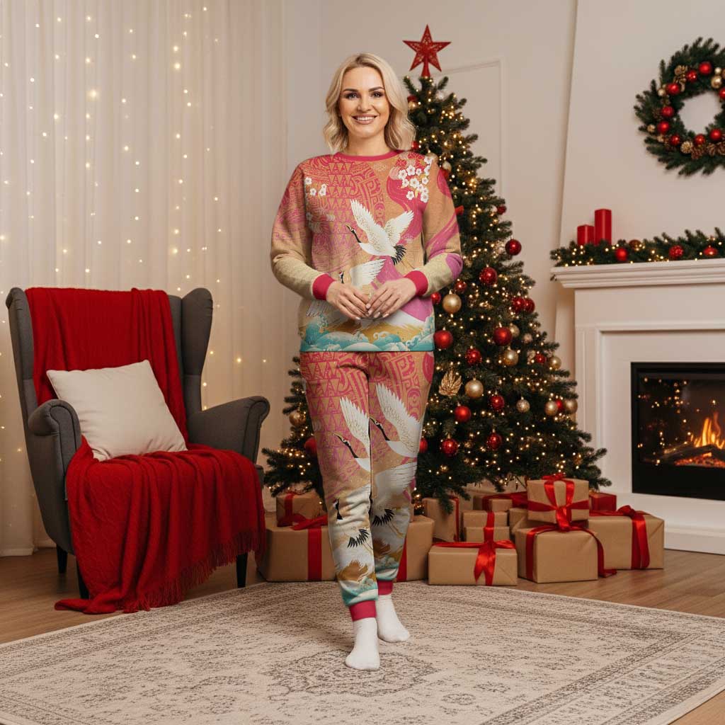 Hawaiian and Japanese Culture Together Christmas Pajama Set Kakau Art Tattoo with Cranes and Sakura Spring Vibe - Polynesian Pride