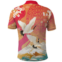 Hawaiian and Japanese Culture Together Polo Shirt Kakau Art Tattoo with Cranes and Sakura Spring Vibe - Polynesian Pride