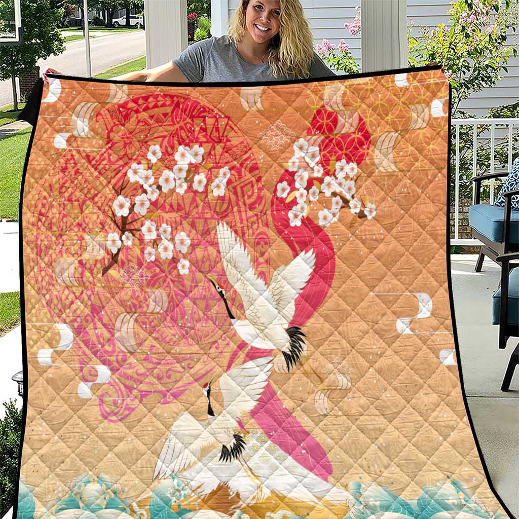 Hawaiian and Japanese Culture Together Quilt Kakau Art Tattoo with Cranes and Sakura Spring Vibe - Polynesian Pride