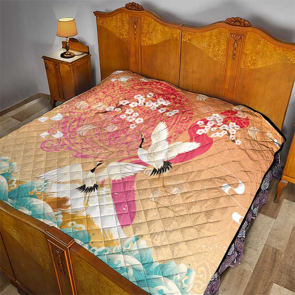 Hawaiian and Japanese Culture Together Quilt Kakau Art Tattoo with Cranes and Sakura Spring Vibe - Polynesian Pride