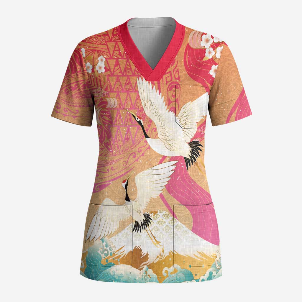 Hawaiian and Japanese Culture Together Scrub Top Kakau Art Tattoo with Cranes and Sakura Spring Vibe - Polynesian Pride