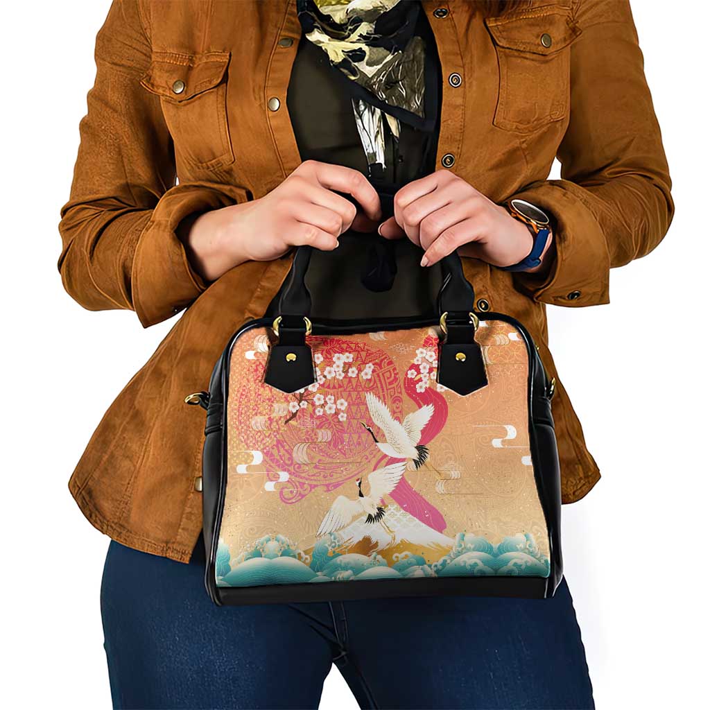 Hawaiian and Japanese Culture Together Shoulder Handbag Kakau Art Tattoo with Cranes and Sakura Spring Vibe - Polynesian Pride